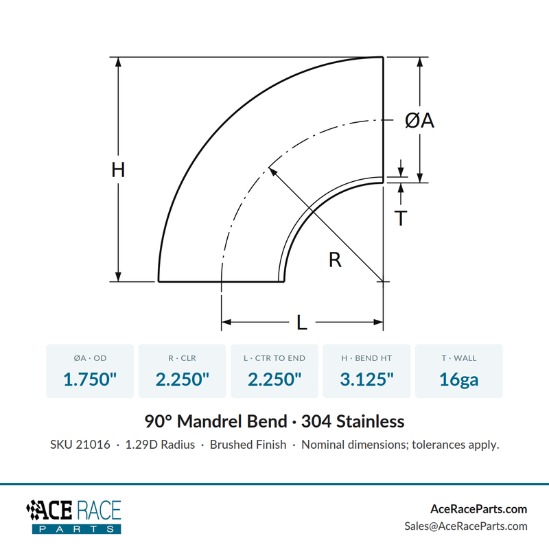 1.750" 16ga 90° Mandrel Bend - (2.250" CLR) - Brushed Finish - 304 Stainless