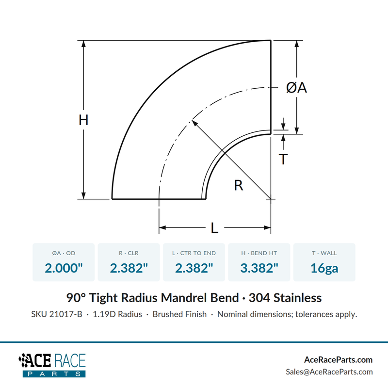 2.000" 16ga Tight Radius 90° Mandrel Bend - (2.382" CLR) - Brushed Finish - 304 Stainless