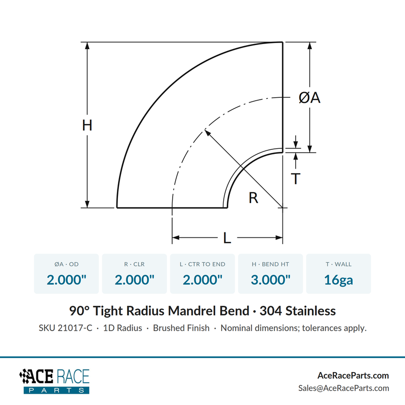2.000" 16ga Tight Radius 90° Mandrel Bend - (2.000" CLR) - Brushed Finish - 304 Stainless