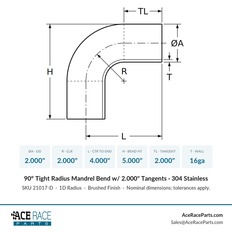 2.000" 16ga Tight Radius 90° Mandrel Bend w/ 2" Tangents - (2.000" CLR) - Brushed Finish - 304 Stainless