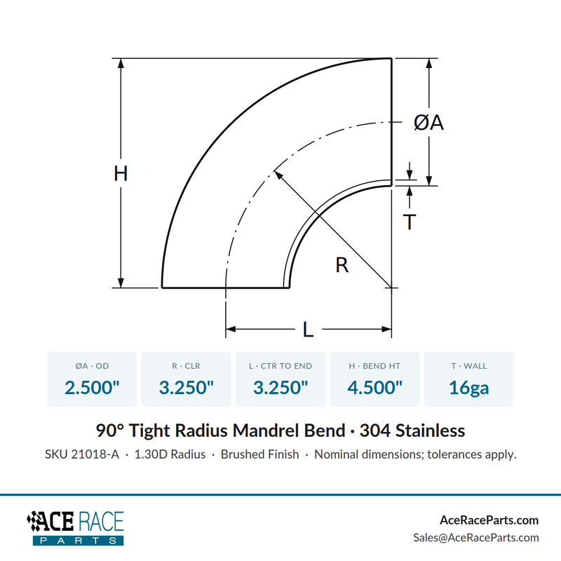 2.500" 16ga Tight Radius 90° Mandrel Bend - (3.250" CLR) - Brushed Finish - 304 Stainless