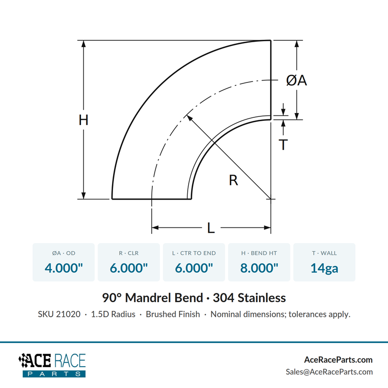 4.000" 14ga 90° Mandrel Bend - (6.000" CLR) - Brushed Finish - 304 Stainless