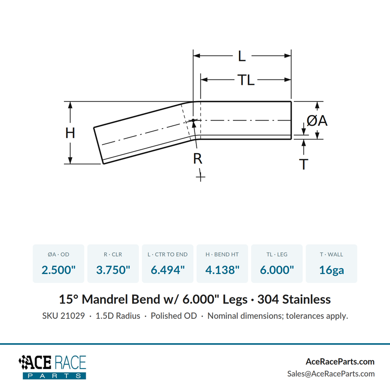 2.500" 16ga 15° Mandrel Bend - (3.750" CLR / 6.000" Legs) - Polished OD - 304 Stainless - Ace Race Parts