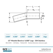 3.000" 16ga 15° Mandrel Bend - (4.500" CLR / 6.000" Legs) - Polished OD - 304 Stainless - Ace Race Parts