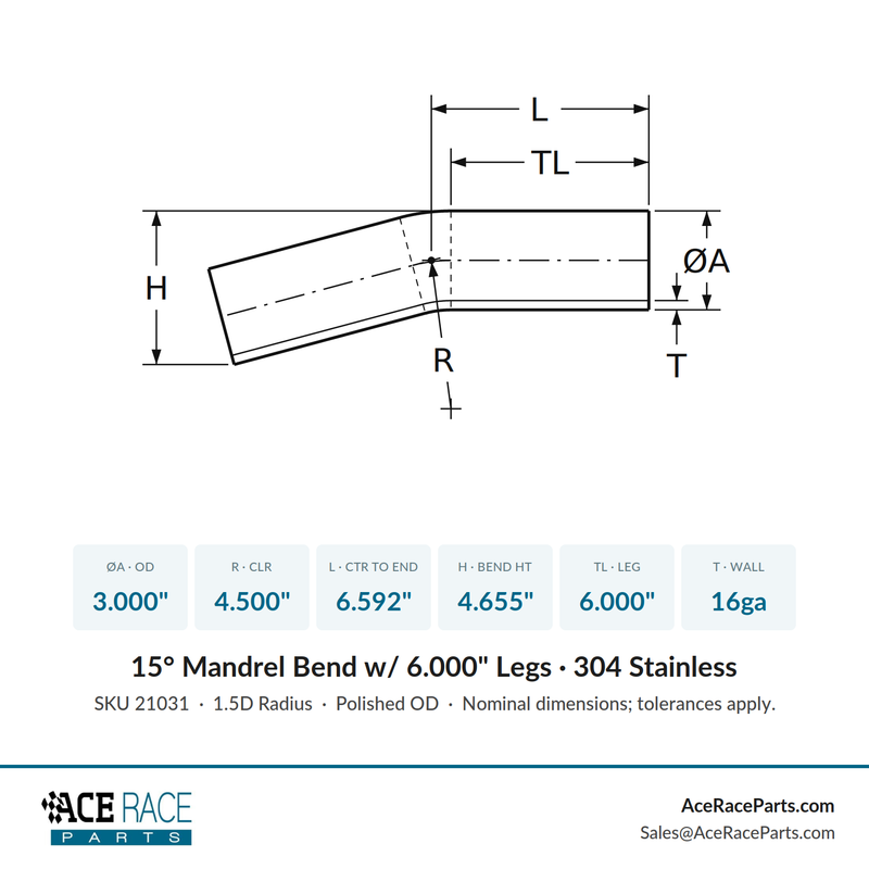 3.000" 16ga 15° Mandrel Bend - (4.500" CLR / 6.000" Legs) - Polished OD - 304 Stainless - Ace Race Parts