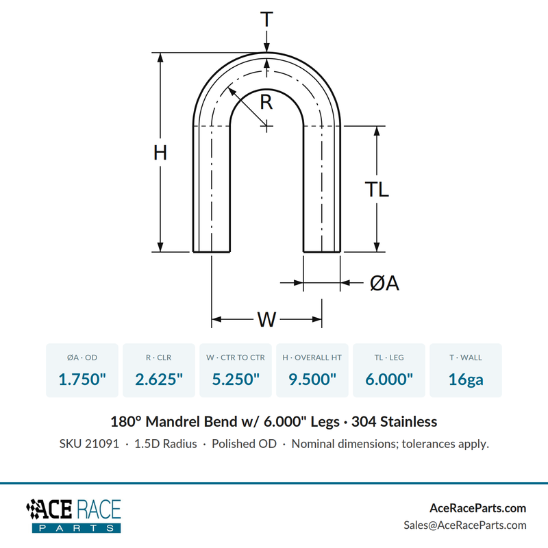 1.750" 16ga 180° Mandrel Bend - (2.625" CLR / 6.000" Legs) - Polished OD - 304 Stainless - Ace Race Parts