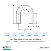 2.500" 16ga 180° Mandrel Bend - (3.750" CLR / 6.000" Legs) - Polished OD - 304 Stainless - Ace Race Parts