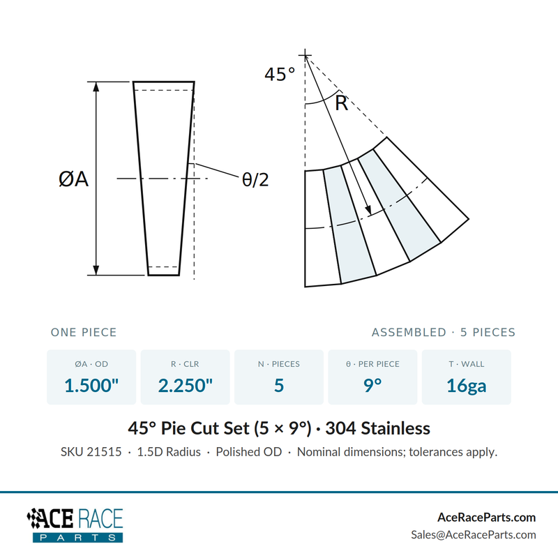 1.500" 16ga Long Radius (1.5D) Pie Cut 304 Stainless (45° Bend - 5 Pieces Total)