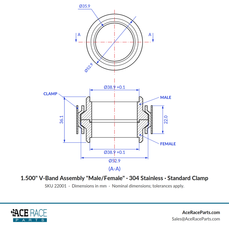 1.500" V-Band Assembly "Male/Female" 304 Stainless - Standard Clamp
