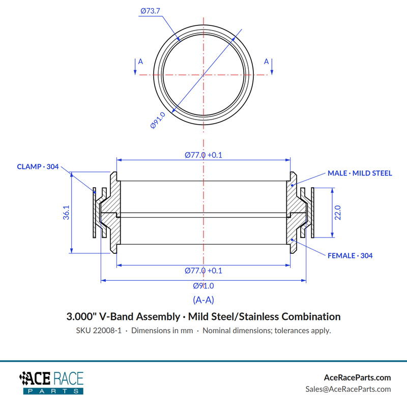 3.000" V-Band Assembly Mild Steel/Stainless Combination - Standard Clamp - Ace Race Parts