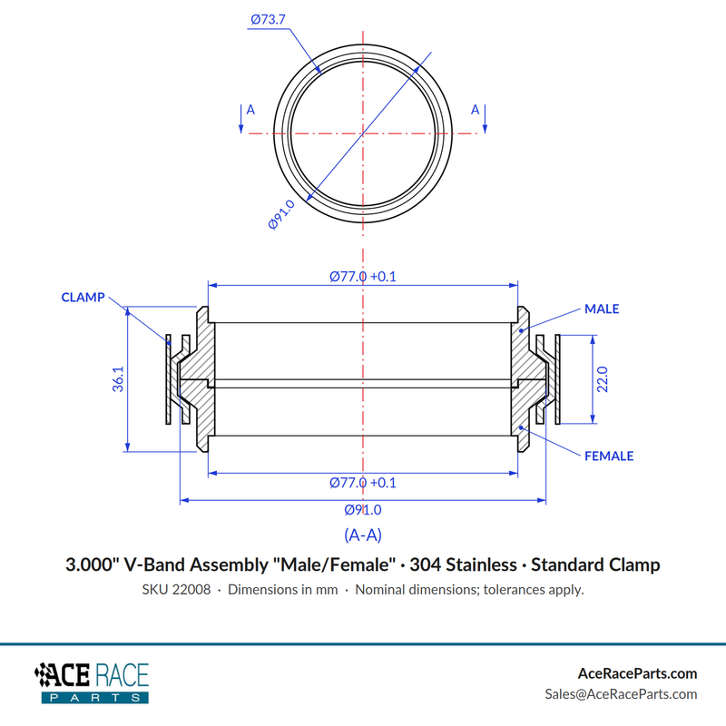 3.000" V-Band Assembly "Male/Female" 304 Stainless - Standard Clamp - Ace Race Parts