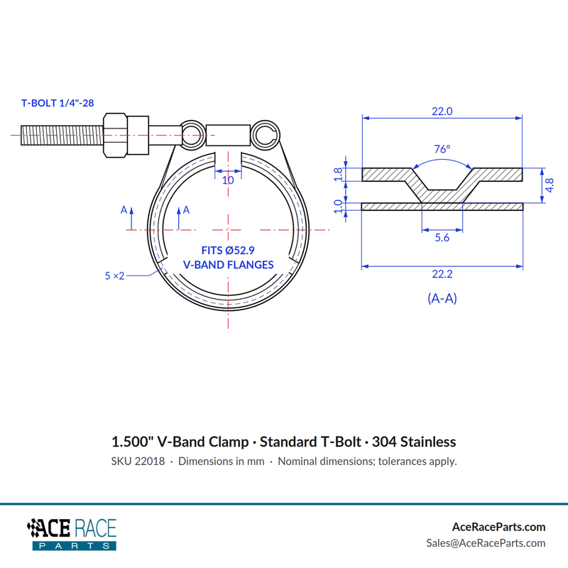 1.500" V-Band Clamp - Standard T-Bolt - (For 2.083" OD Flanges) - 304 Stainless