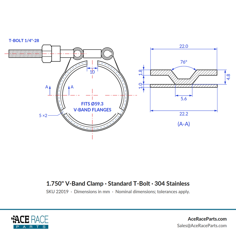 1.750" V-Band Clamp - Standard T-Bolt - (For 2.335" OD Flanges) - 304 Stainless - Ace Race Parts