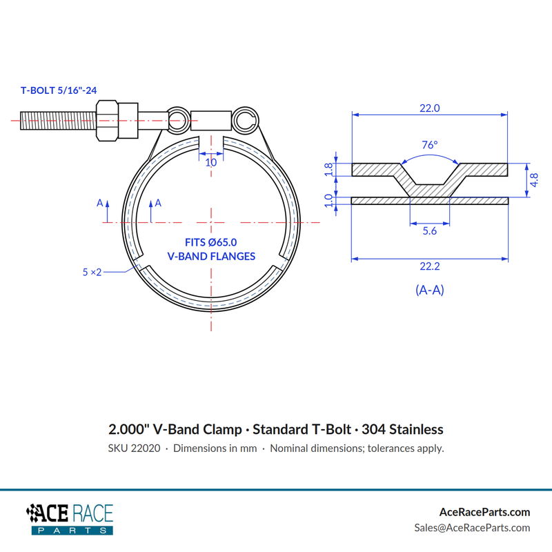 2.000" V-Band Clamp - Standard T-Bolt - (For 2.559" OD Flanges) - 304 Stainless