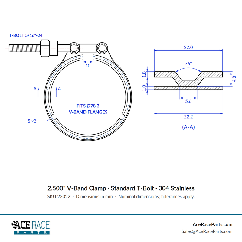 2.500" V-Band Clamp - Standard T-Bolt - (For 3.083" OD Flanges) - 304 Stainless - Ace Race Parts