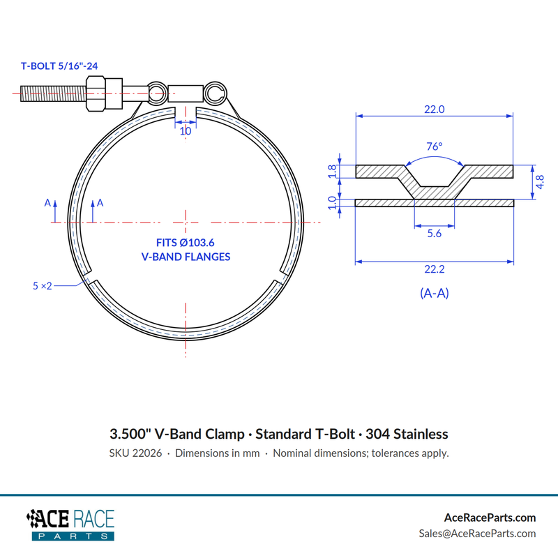 3.500" V-Band Clamp - Standard T-Bolt - (For 4.079" OD Flanges) - 304 Stainless - Ace Race Parts
