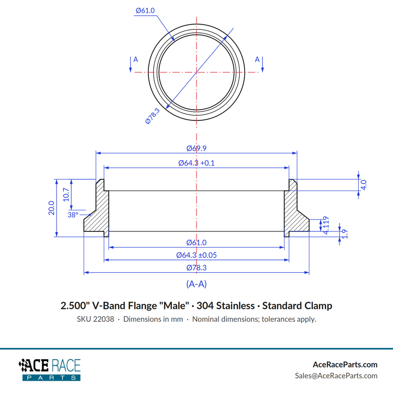 2.500" V-Band Flange "Male" 304 Stainless - Fits Standard V-Band Clamp