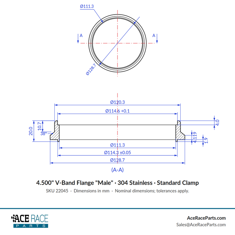 4.500" V-Band Flange "Male" 304 Stainless - Fits Standard V-Band Clamp