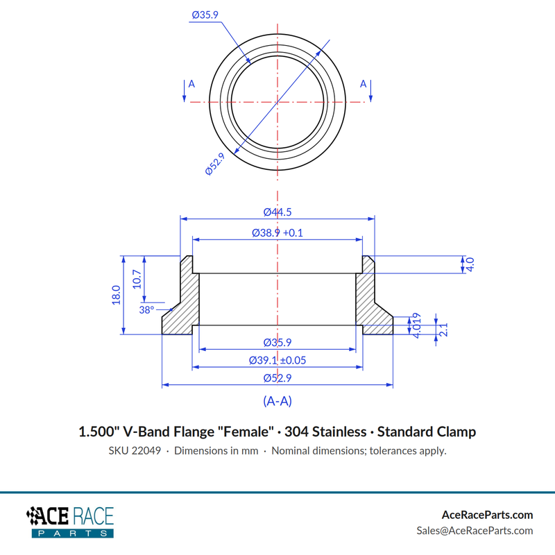 1.500" V-Band Flange "Female" 304 Stainless - Fits Standard V-Band Clamp