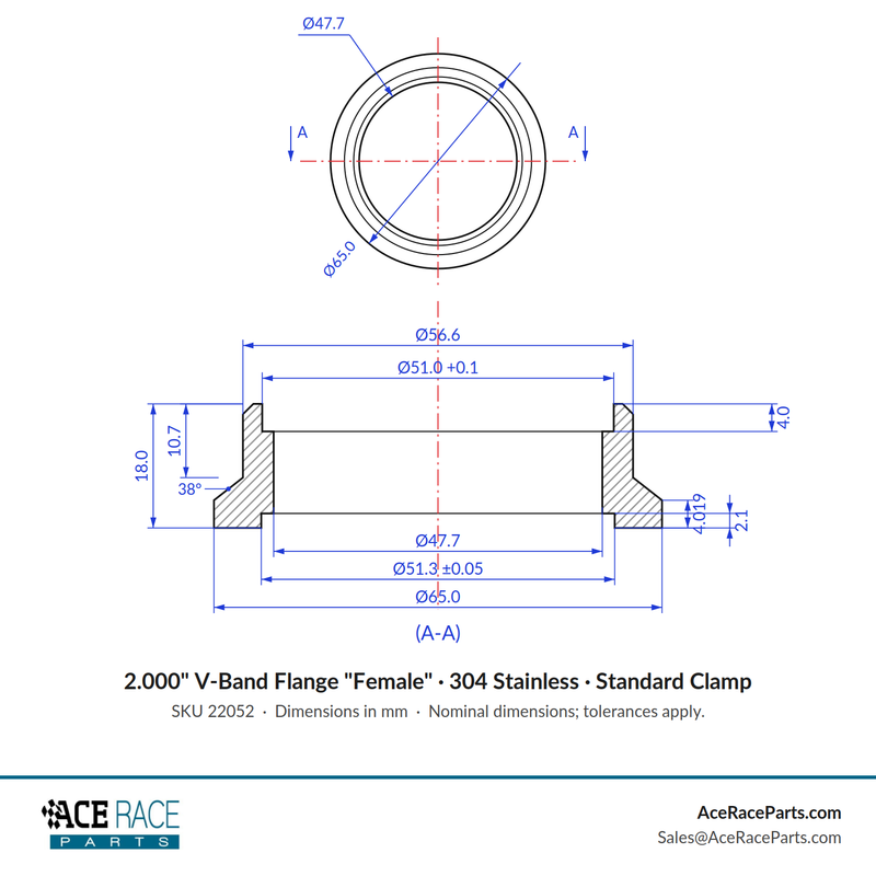 2.000" V-Band Flange "Female" 304 Stainless - Fits Standard V-Band Clamp