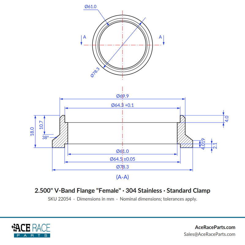 2.500" V-Band Flange "Female" 304 Stainless - Fits Standard V-Band Clamp