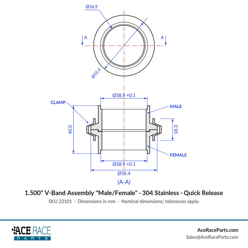 1.500" V-Band Assembly "Male/Female" 304 Stainless - Quick Release Clamp
