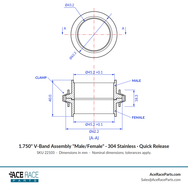 1.750" V-Band Assembly "Male/Female" 304 Stainless - Quick Release Clamp