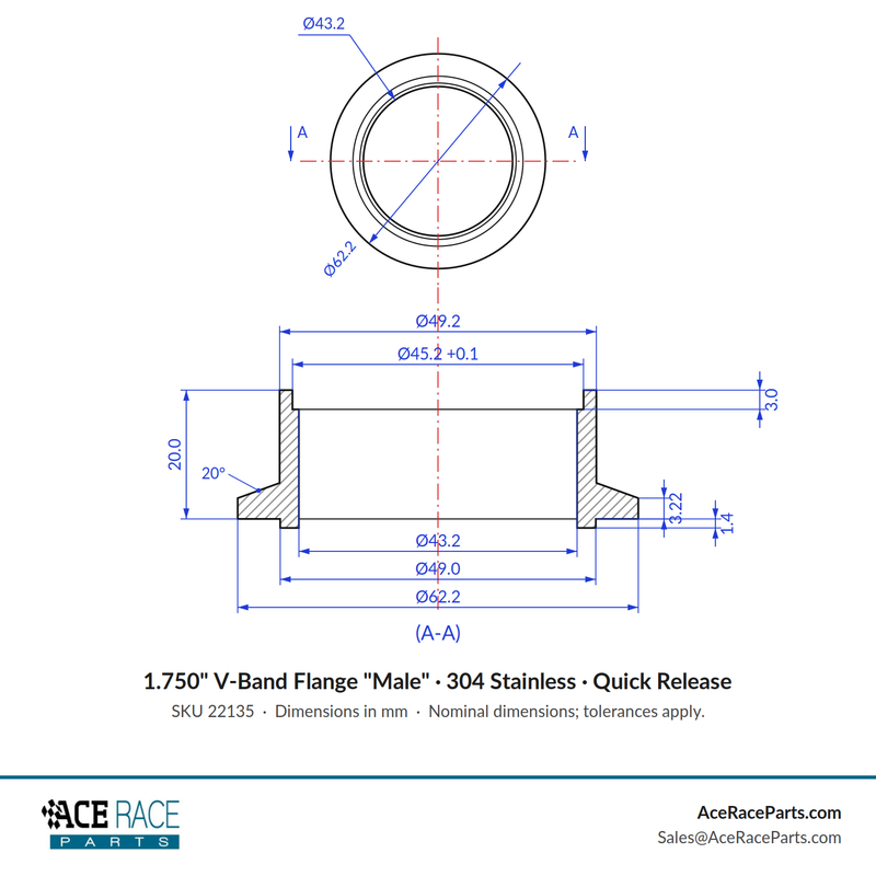 1.750" V-Band Flange "Male" 304 Stainless - Fits Quick Release Clamp - Ace Race Parts