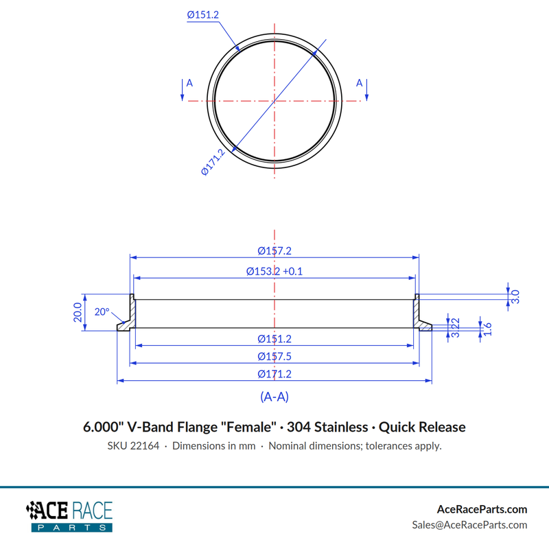 6.000" V-Band Flange "Female" 304 Stainless - Fits Quick Release Clamp - Ace Race Parts