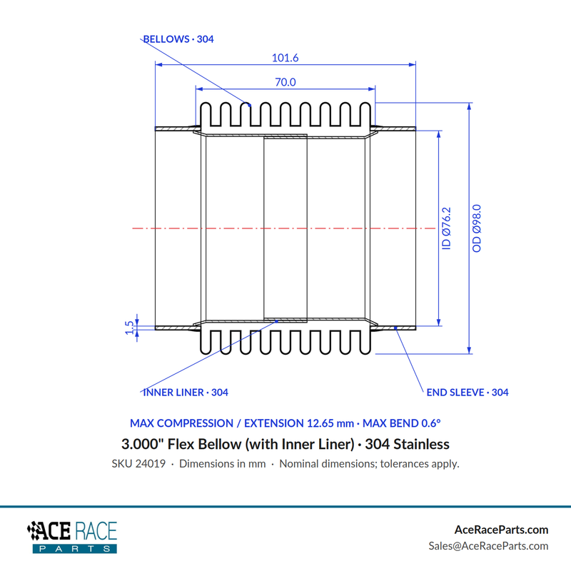 3.000" Flex Bellow (with Inner Liner) x 4.000" Overall Length - 304 Stainless - Ace Race Parts