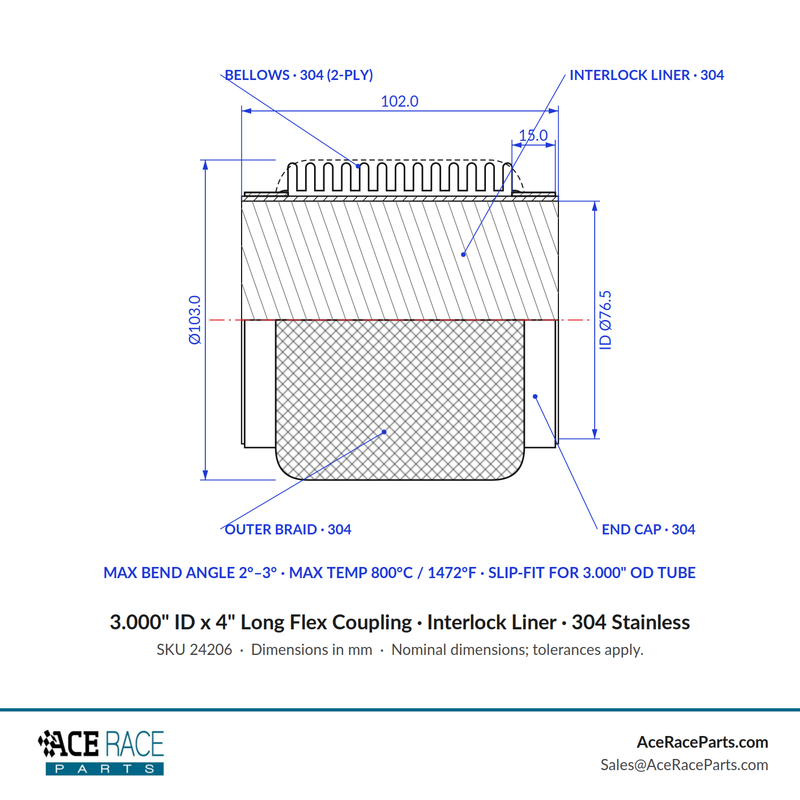 3.000" ID x 4" Long Flex Coupling (Interlock Liner) 304 Stainless - Ace Race Parts