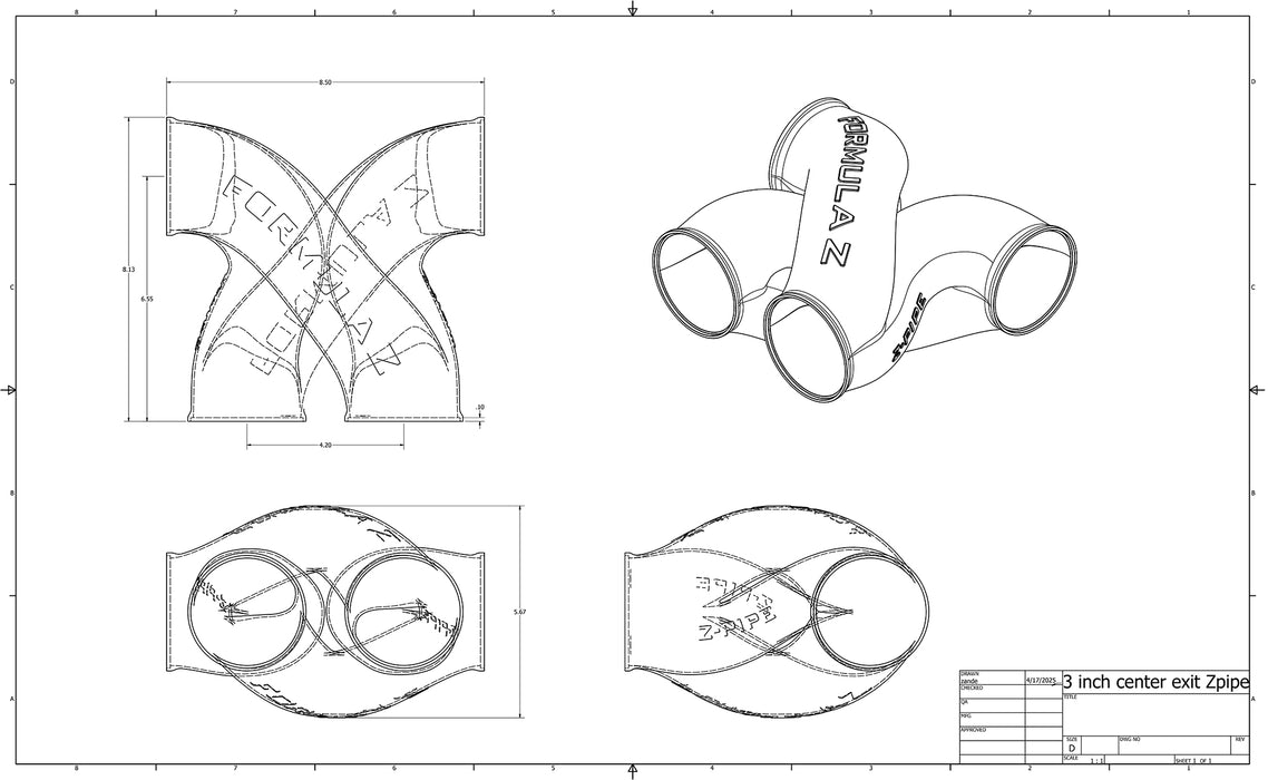 Z-Pipe - Center Exit Style - 3.000" ID Inlet/Outlet - 316L Stainless