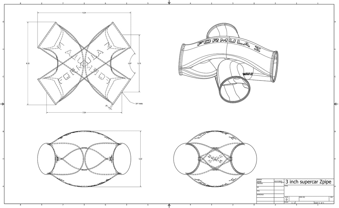 Z-Pipe - SuperCar Style - 3.000" ID Inlet/Outlet - 316L Stainless
