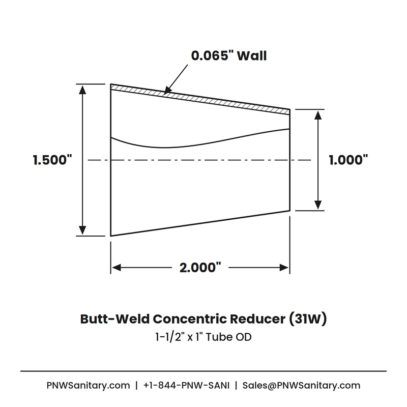 1.500" x 1.000" 16ga Butt-Weld Concentric Reducer - (31W) - Polished OD/ID - 316L Stainless