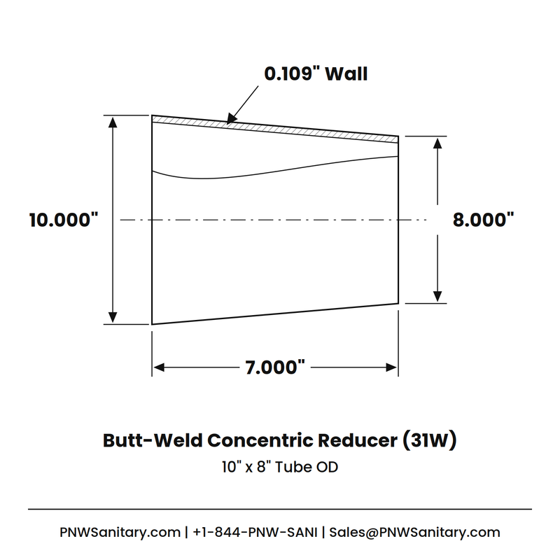 10.000" x 8.000" 12ga Butt-Weld Concentric Reducer - (31W) - Polished OD/ID - 316L Stainless