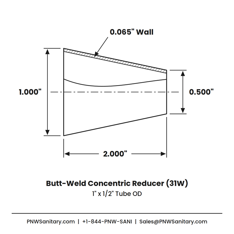 1.000" x 0.500" 16ga Butt-Weld Concentric Reducer - (31W) - Polished OD/ID - 316L Stainless
