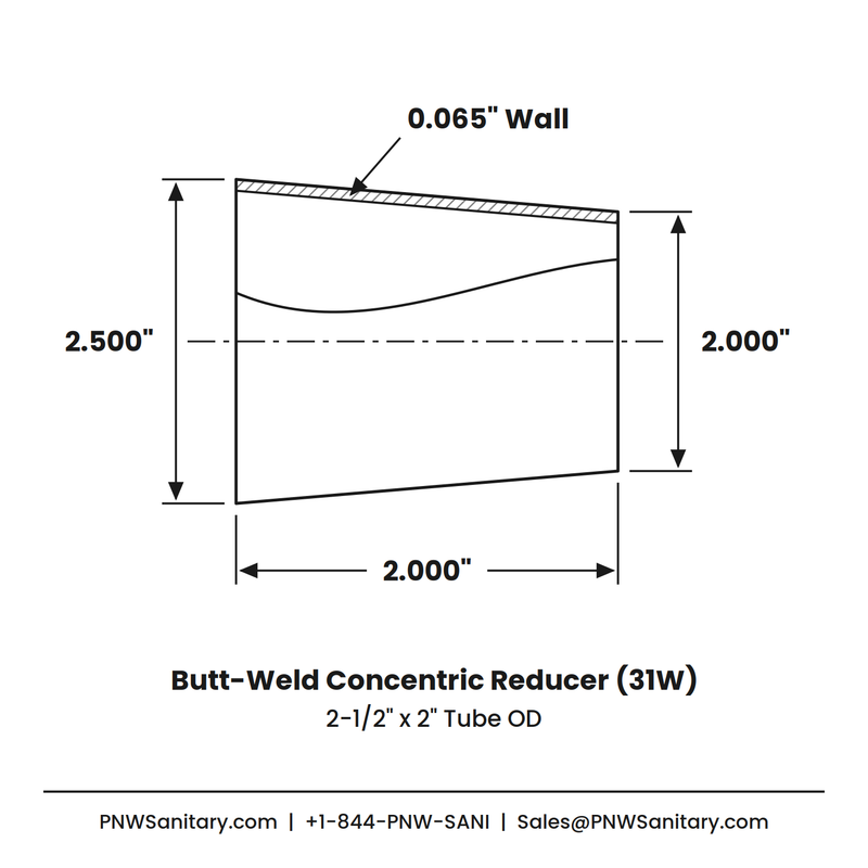 2.500" x 2.000" 16ga Butt-Weld Concentric Reducer - (31W) - Polished OD/ID - 316L Stainless