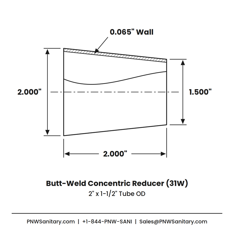 2.000" x 1.500" 16ga Butt-Weld Concentric Reducer - (31W) - Polished OD/ID - 316L Stainless