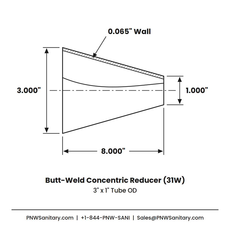 3.000" x 1.000" 16ga Butt-Weld Concentric Reducer - (31W) - Polished OD/ID - 316L Stainless