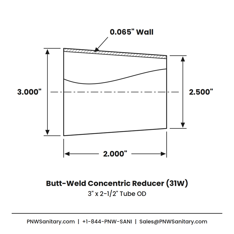3.000" x 2.500" 16ga Butt-Weld Concentric Reducer - (31W) - Polished OD/ID - 316L Stainless