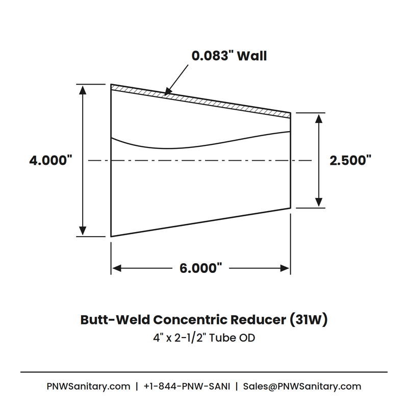 4.000" x 2.500" 14ga Butt-Weld Concentric Reducer - (31W) - Polished OD/ID - 316L Stainless