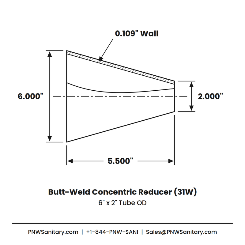 6.000" x 2.000" 12ga Butt-Weld Concentric Reducer - (31W) - Polished OD/ID - 316L Stainless