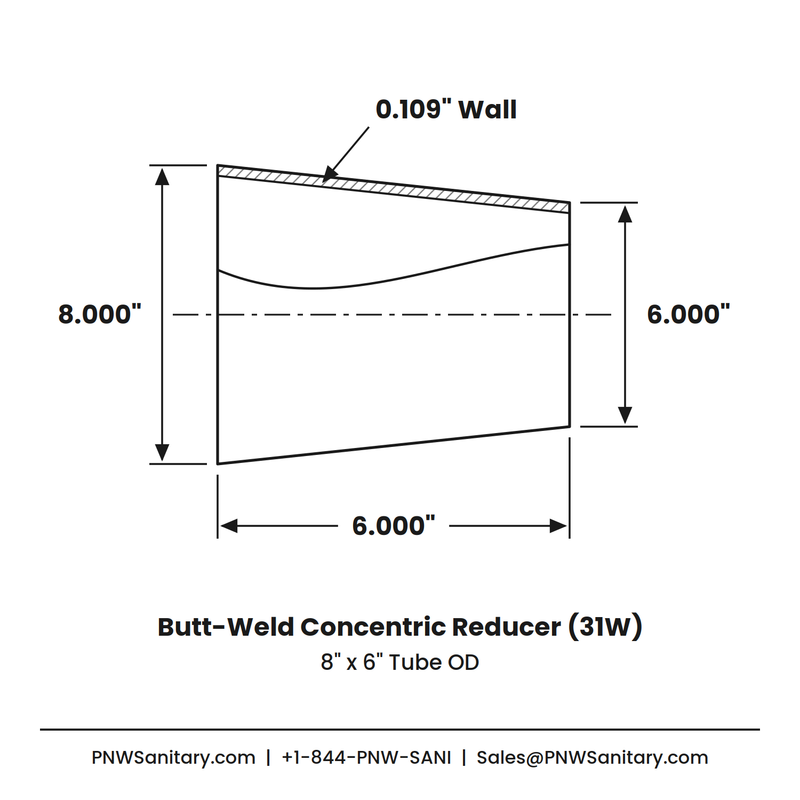 8.000" x 6.000" 12ga Butt-Weld Concentric Reducer - (31W) - Polished OD/ID - 316L Stainless