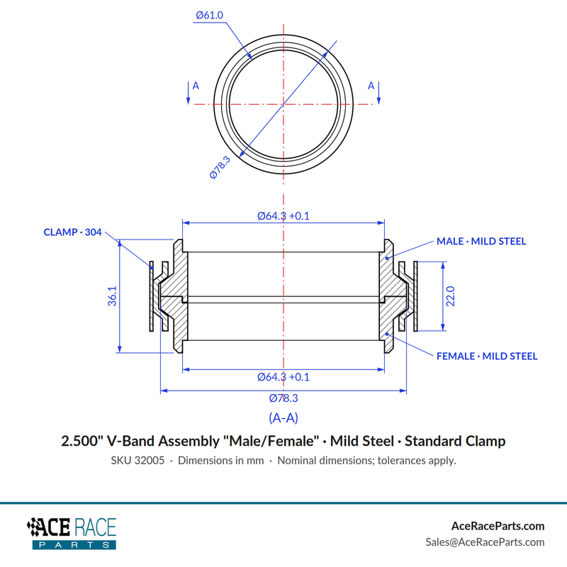 2.500" V-Band Assembly "Male/Female" Mild Steel - Standard Clamp - Ace Race Parts