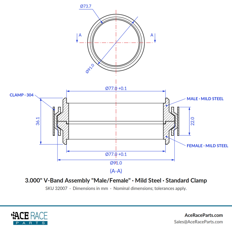 3.000" V-Band Assembly "Male/Female" Mild Steel - Standard Clamp - Ace Race Parts