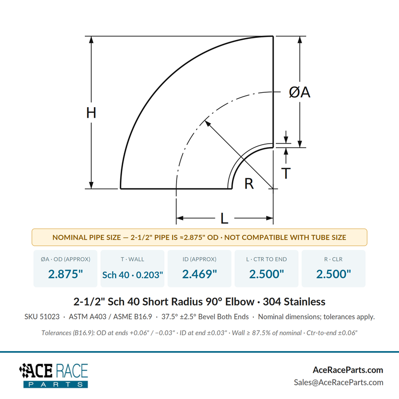 2-1/2" Schedule 40 Short Radius 90° Elbow 304 Stainless - Ace Race Parts