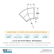 2-1/2" Schedule 10 45° Elbow 304 Stainless - Ace Race Parts