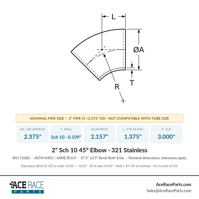 2" Schedule 10 45° Elbow 321 Stainless - Ace Race Parts