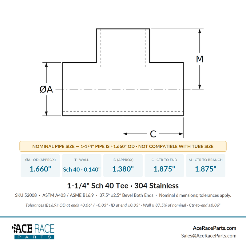 1-1/4" Schedule 40 Tee 304 Stainless