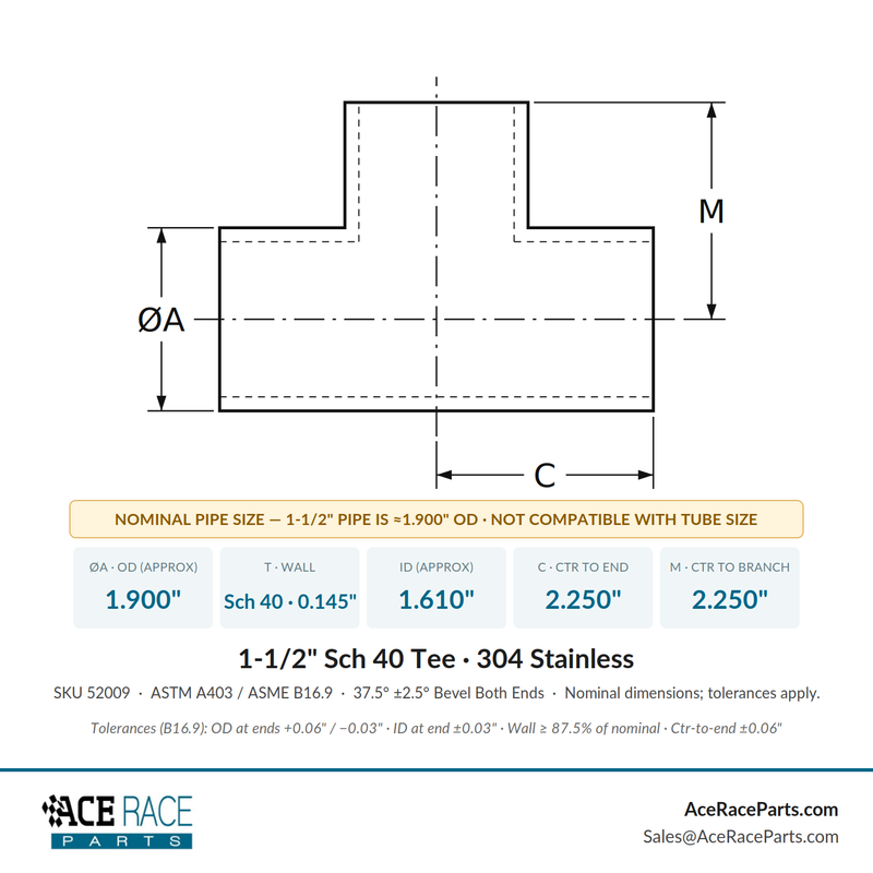 1-1/2" Schedule 40 Tee 304 Stainless